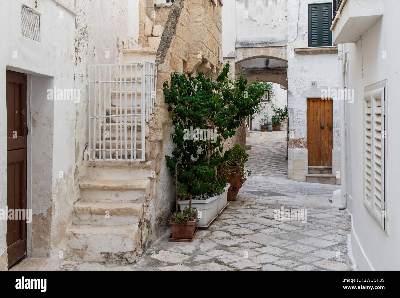 Polignano a Mare, una delle città più belle dell'Adriatico, è un punto di riferimento principale della Puglia. Qui, in particolare, i suoi vicoli stretti Foto Stock