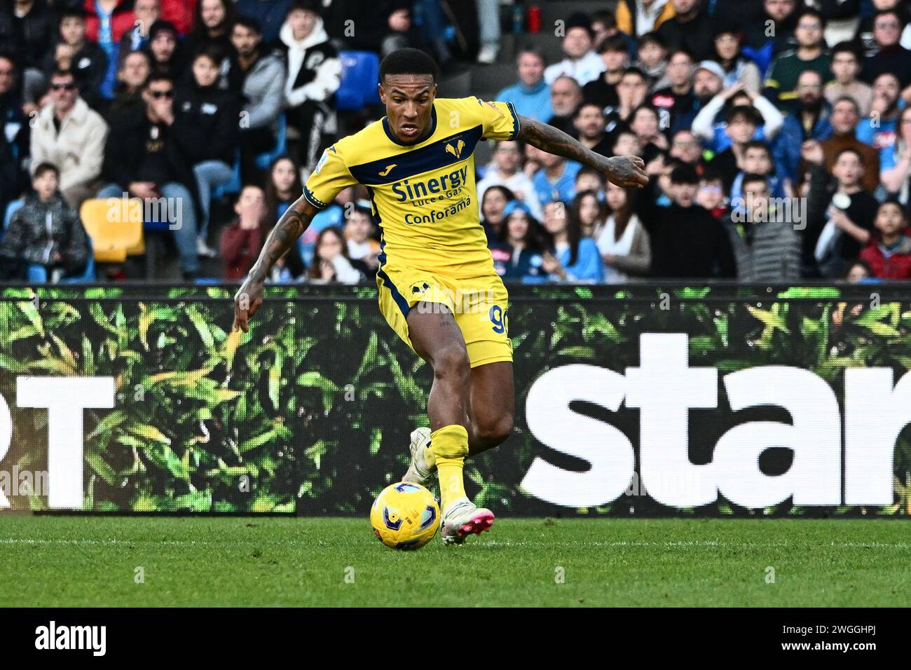 Michael Folorunsho dell'Hellas Verona in azione durante la partita di serie A TIM tra SSC Napoli e Hellas Verona allo Stadio Diego Armando Maradona di N Foto Stock