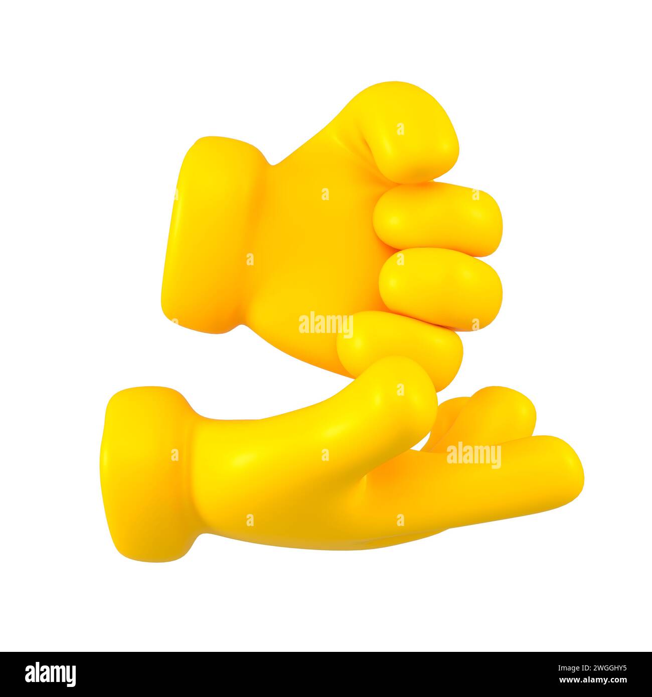 asl. Movimento guida cartoni animati gialli. Gesto della mano, palmo e pugno isolati. Comunicazione non verbale. Concetto di gesti linguistici. rendering 3d. Foto Stock