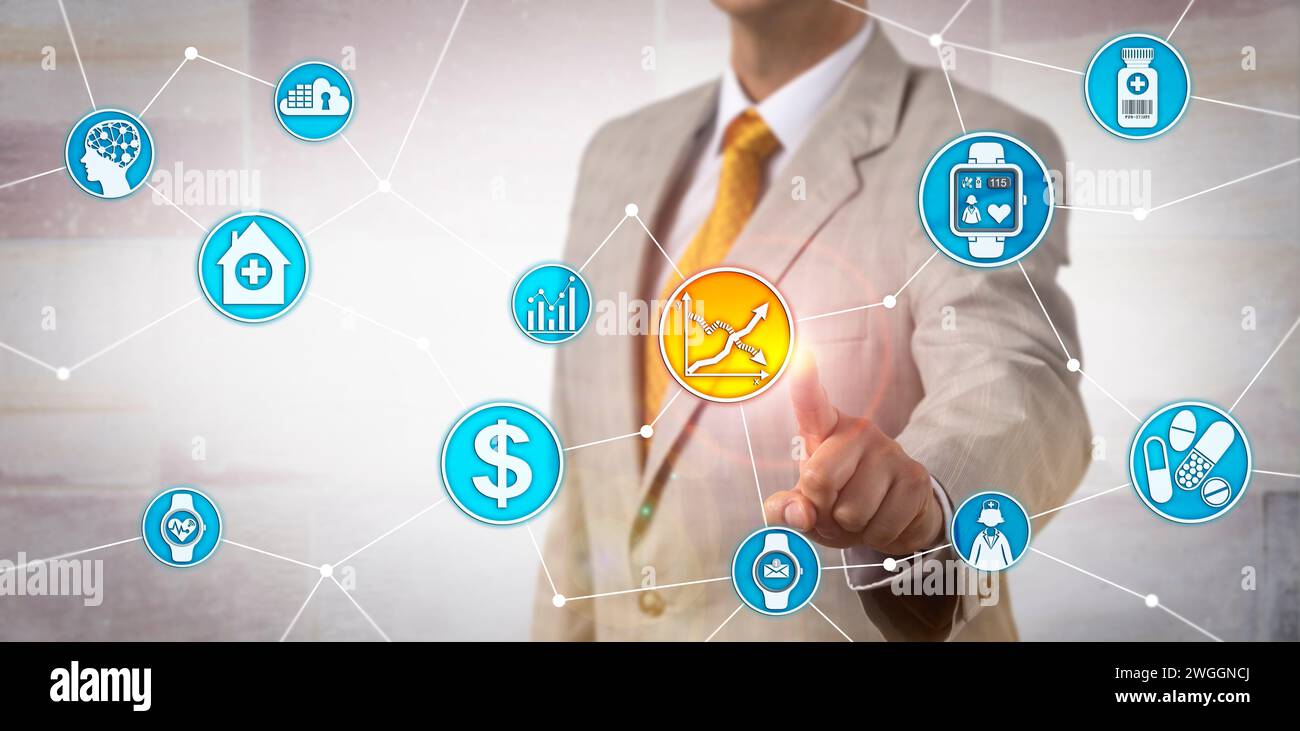 Il responsabile finanziario aziendale irriconoscibile sta valutando il costo previsto di una sperimentazione clinica. Concetto di industria farmaceutica per il tecnico indossabile Foto Stock