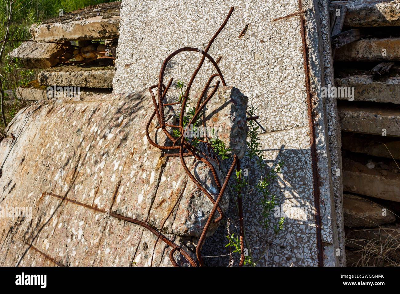 Raccordi in acciaio intrecciato arrugginito che sporgono dalle lastre abbandonate di cemento armato Foto Stock