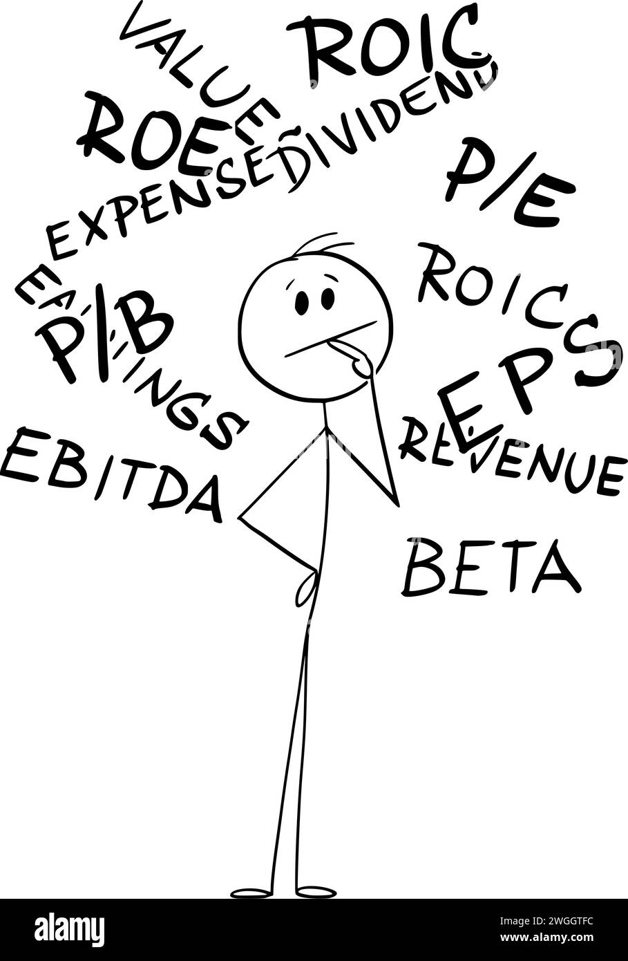 Investor Thinking About Stock Market Share Analysis, illustrazione della figura Vector Cartoon Stick Illustrazione Vettoriale