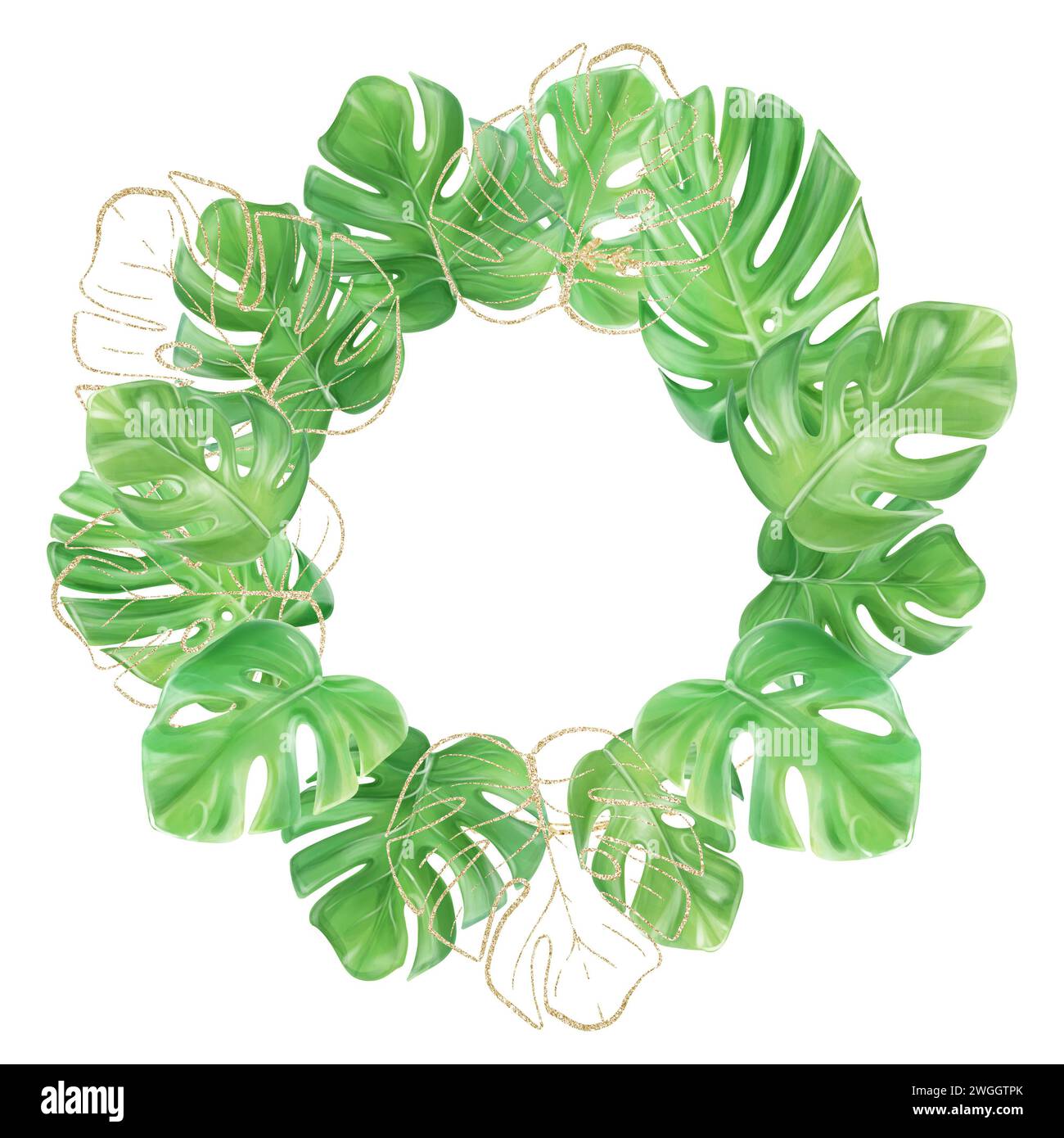 Telaio rotondo in foglie di monstera tropicale. Design di lusso. Modello per inviti, decorazioni. Foto Stock