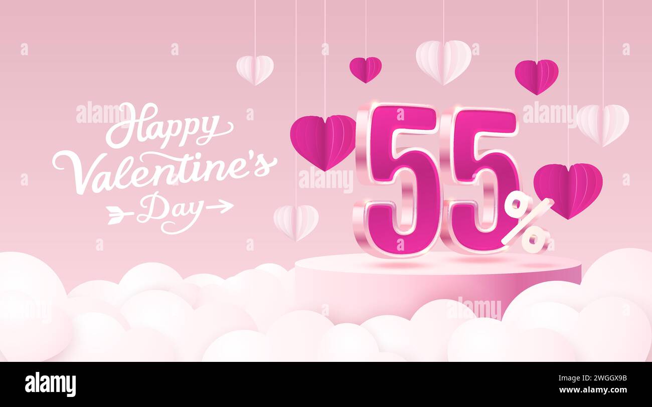 Buon San Valentino, Mega offerta, offerta speciale, banner sconto 55. Promozione cartello. Vettore Illustrazione Vettoriale