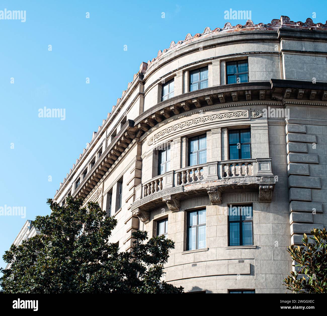 Edificio unico con finestre circolari e un albero davanti Foto Stock