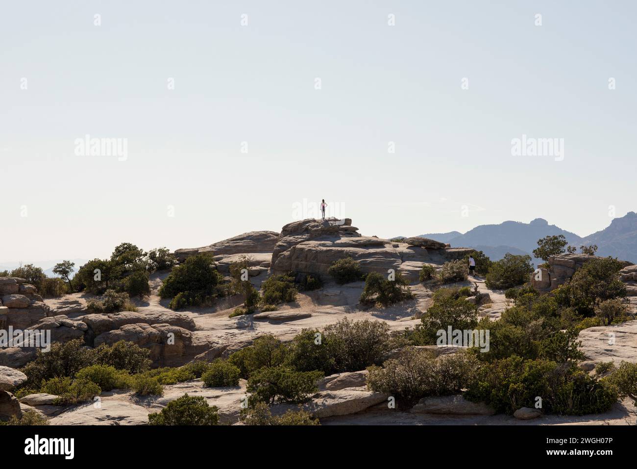 Donna in piedi sul precipizio che guarda il cielo vuoto Foto Stock