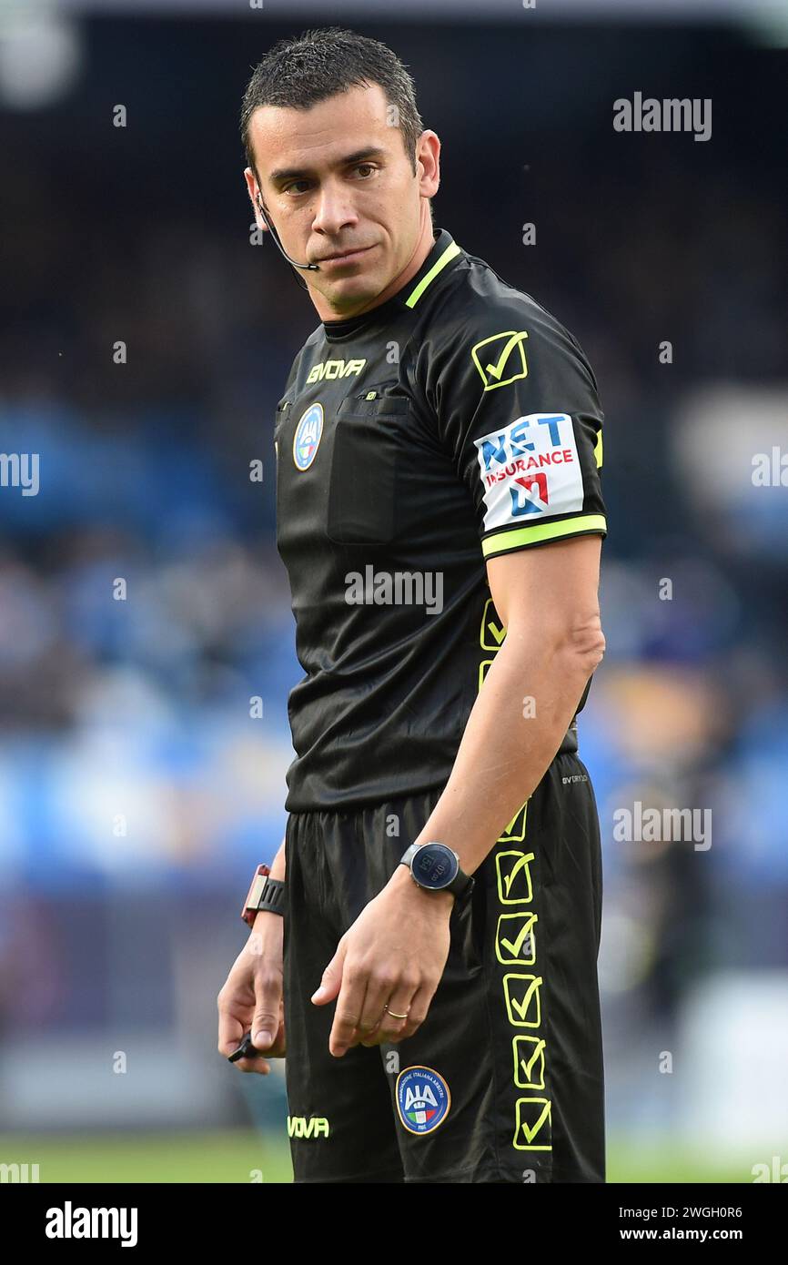 Napoli, Italia. 4 febbraio 2024. L'arbitro Marco Piccinini durante la partita di serie A TIM tra SSC Napoli e Hellas Verona allo Stadio Diego Armando Maradona Napoli Italia il 4 febbraio 2024. Credito: Franco Romano/Alamy Live News Foto Stock