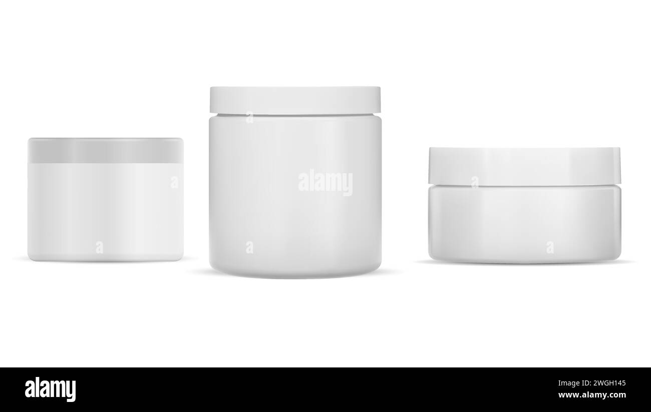 Mockup vaso panna. Modello di pacchetto del prodotto cosmetico, vuoto vettore isolato. Contenitore per polveri con superficie rotonda. Imballaggio di plastica per il burro corpo o m Illustrazione Vettoriale