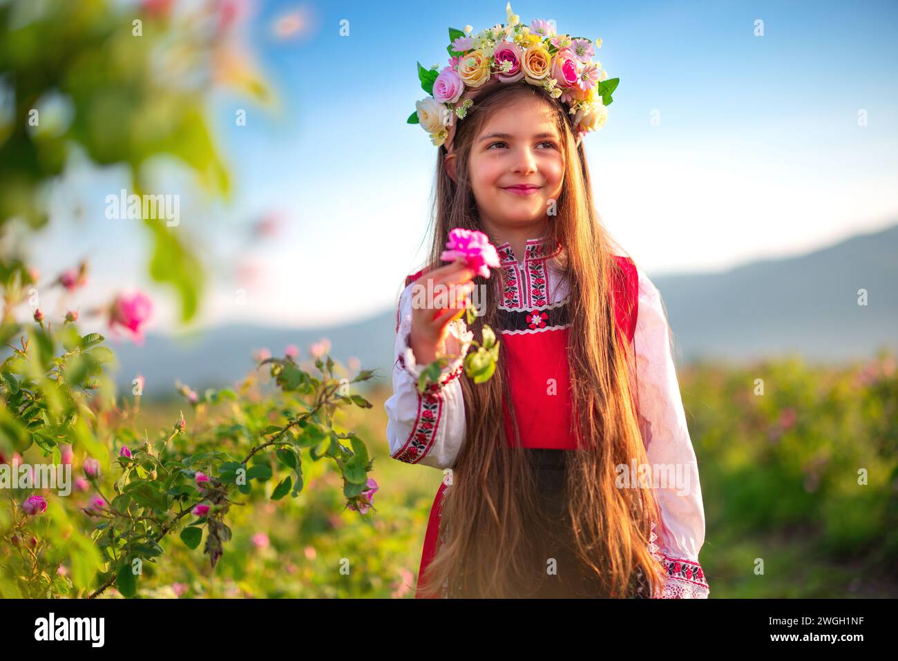 Ragazza bulgara simbolo della bellezza bulgara e dello spirito forte in un campo di rose di damascena da olio Foto Stock