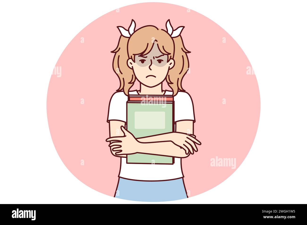 La ragazza con i libri di testo è sconvolta a causa dei gradi difettosi a scuola o la mancanza di amici fra i compagni di classe. Schoolgirl con i pigtail si alza stipando libri al petto e guardando la macchina fotografica. Immagine vettoriale piatta Illustrazione Vettoriale