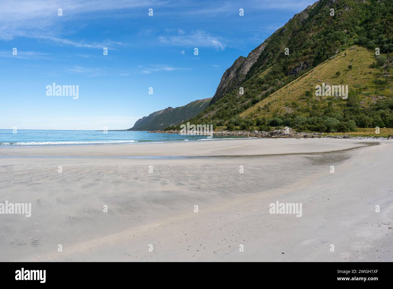 Spiaggia sabbiosa su un'isola oceanica con uno sfondo panoramico sulle colline Foto Stock