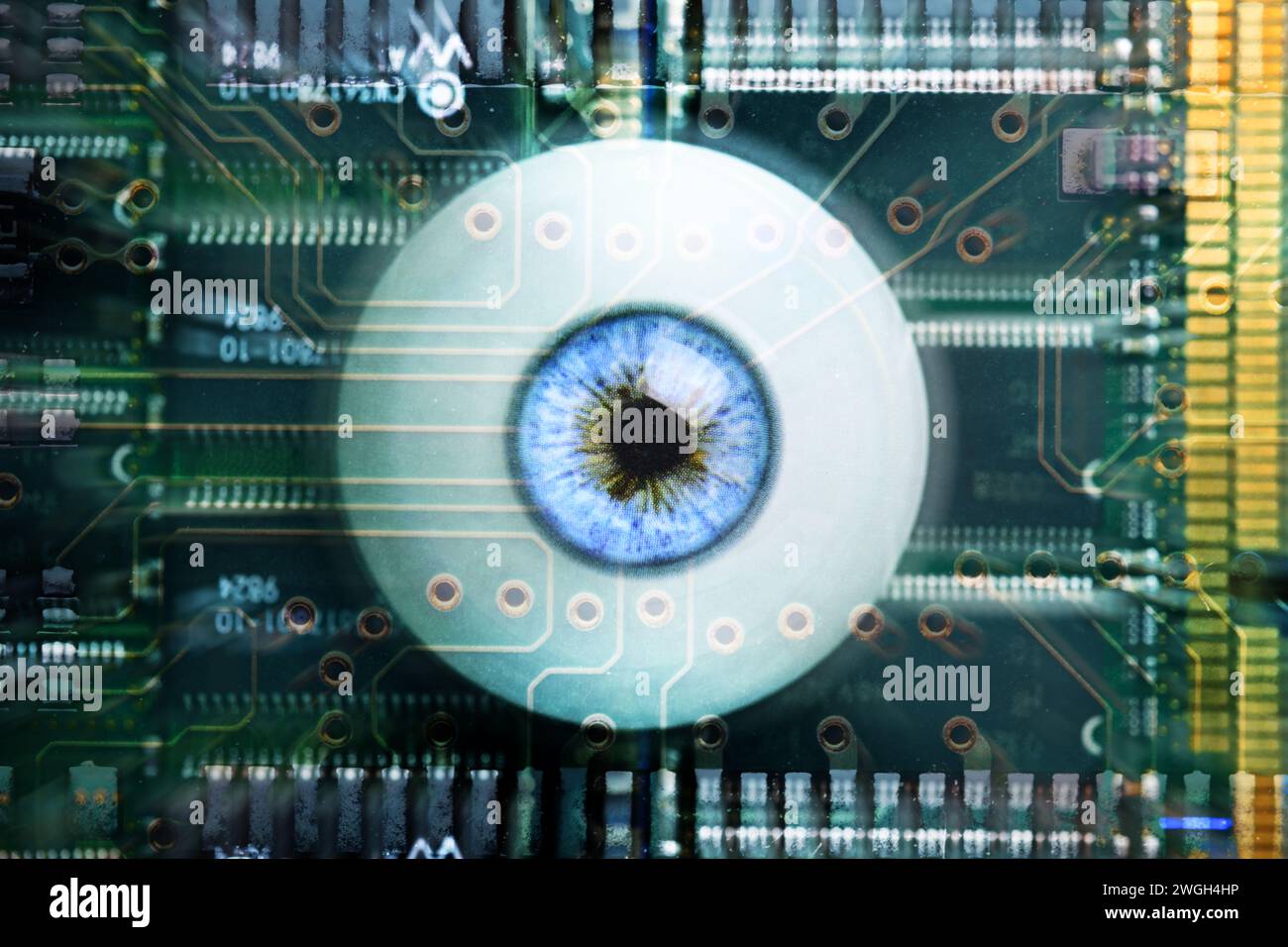Occhio artificiale sulla scheda del computer, intelligenza artificiale, deep learning Foto Stock