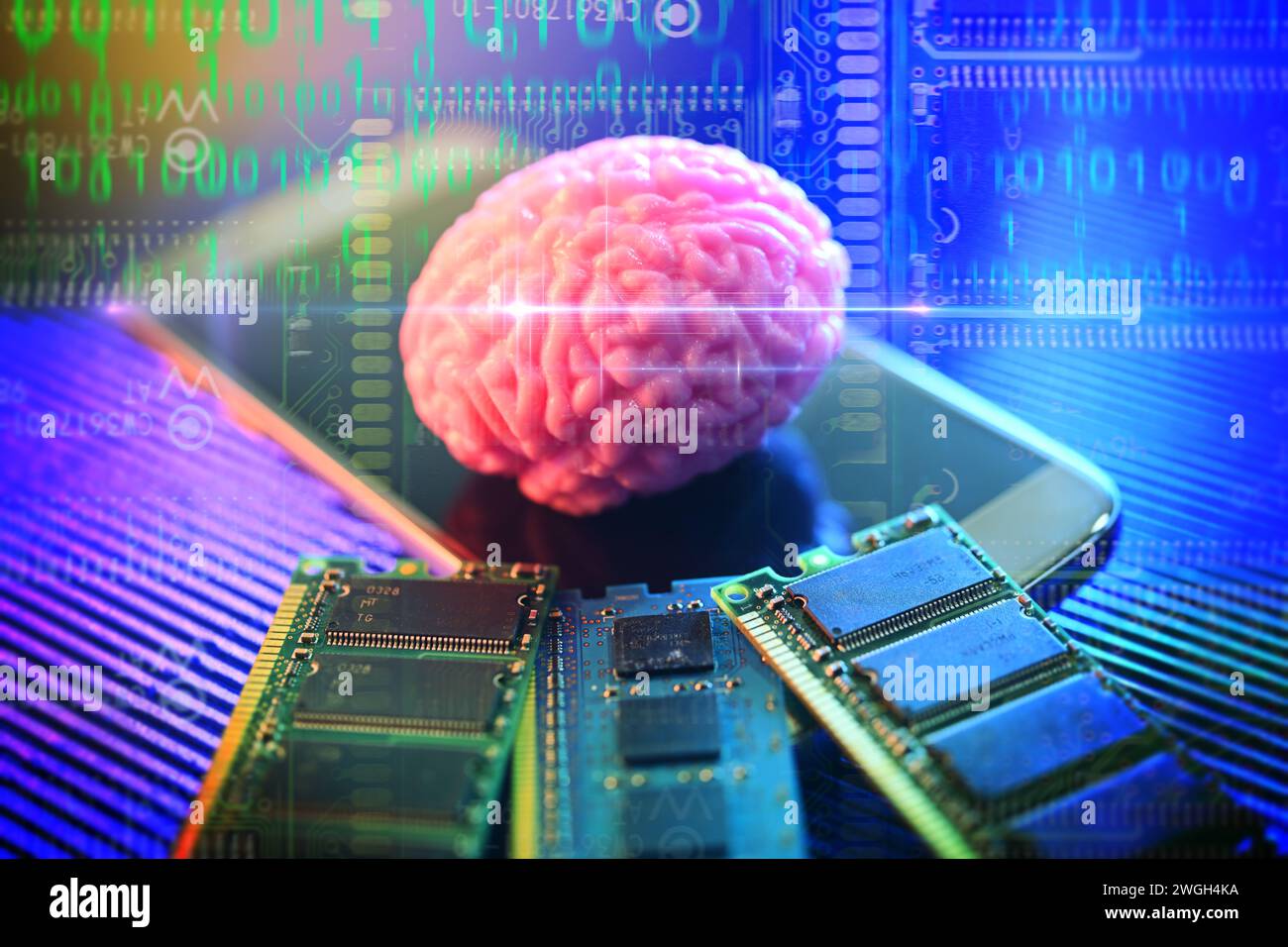 Cervello su smartphone con schede per computer, neurotecnologia fotografica simbolica Foto Stock