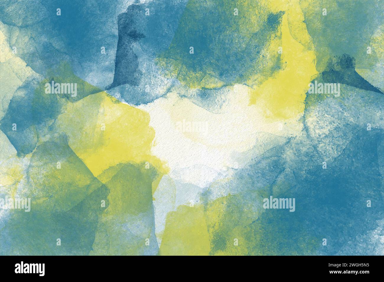 Sfondo acquerello astratto blu e giallo con pennelli dalle forme morbide e dal centro bianco. Foto Stock