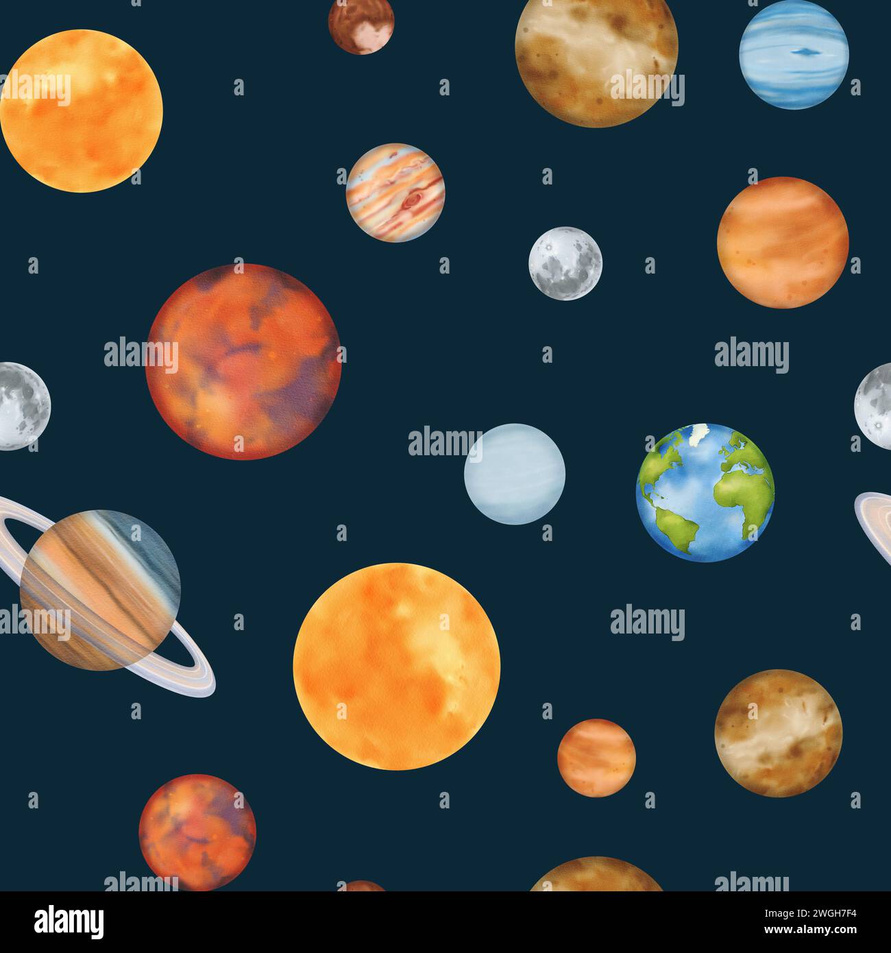 Schema senza cuciture del sistema solare. Mercurio, Venere, Terra con il suo satellite, Luna, Marte, Giove, Saturno, Urano, Nettuno e il pianeta nano Foto Stock