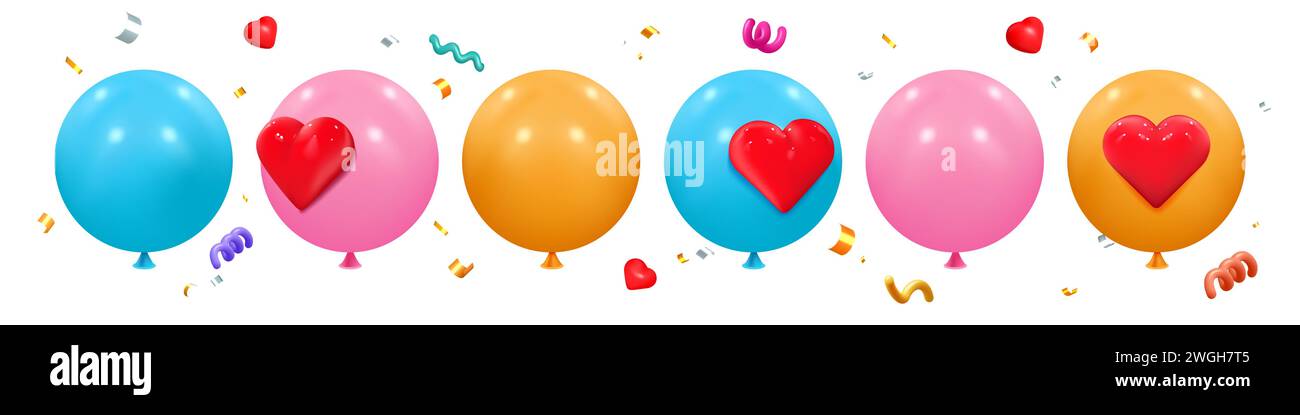 bollature 3d. Baloon di compleanno per festeggiare il giorno della festa, il giocattolo con palla rosa blu è perfetto per l'arredamento. Coriandoli volanti. San Valentino. Set di elementi lucidi per il rendering dello sfondo vettoriale delle festività natalizie Illustrazione Vettoriale