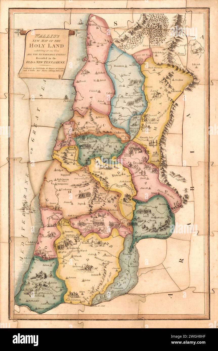 Mappa illustrata d'epoca "Wallis's New MAP of the Holy Land : Exhibition at one view all Remarkable events recorded in the Old and New Testament". Mappa colorata, pezzi di puzzle. J. & E. Wallis 1818. Foto Stock