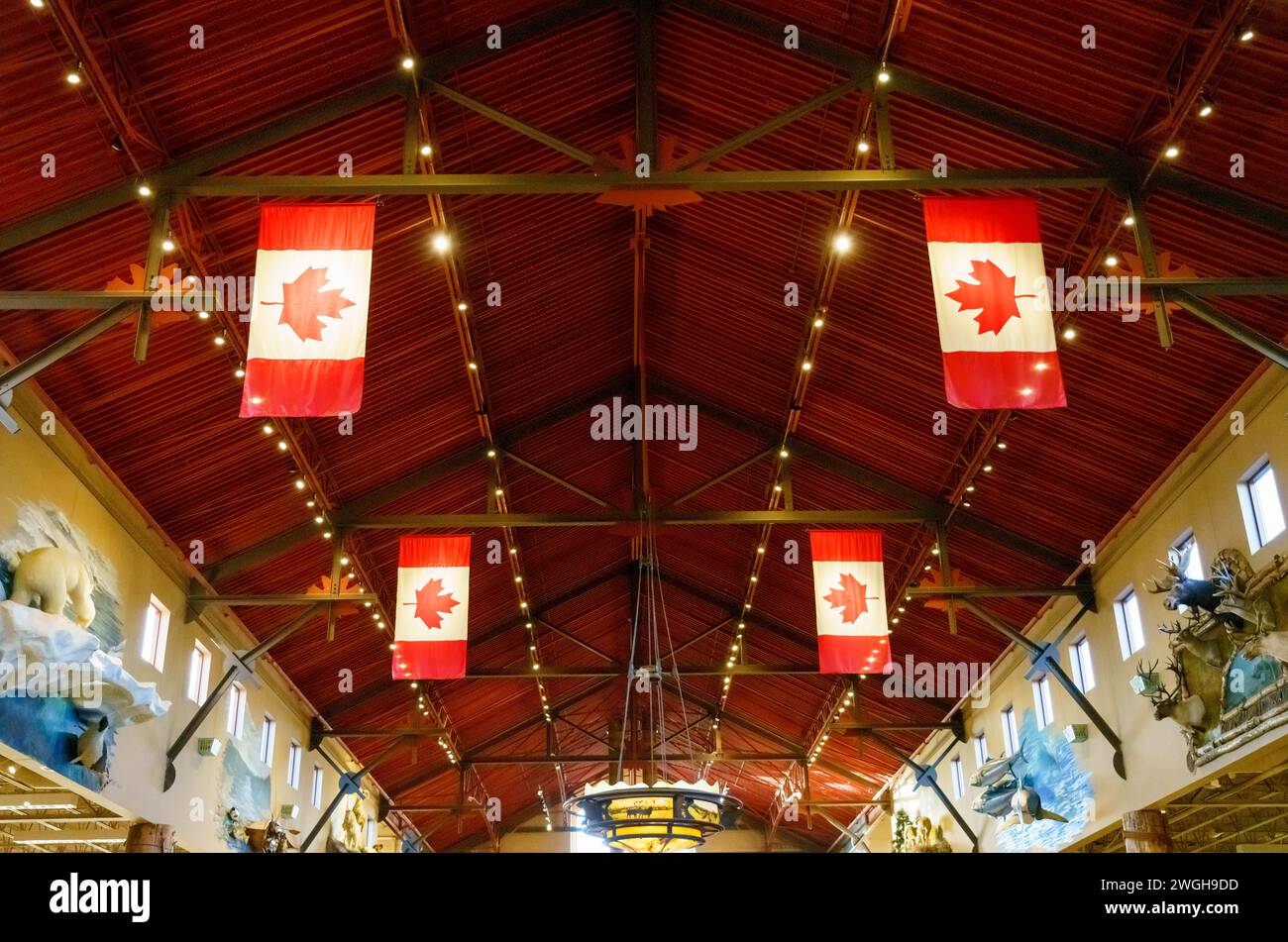 Simmetria delle bandiere canadesi nel soffitto del Bas Pro Shop. Il punto vendita al dettaglio è un'attrazione nel centro commerciale Vaughan Mills. Foto Stock