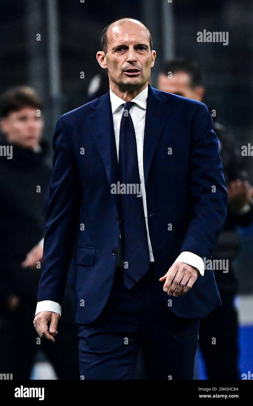 L'allenatore italiano della Juventus Massimiliano Allegri durante la partita di calcio di serie A dell'Inter Milan e della Juventus FC allo Stadio San Siro di Milano, Italia il 4 febbraio 2024 crediti: Piero Cruciatti/Alamy Live News Foto Stock