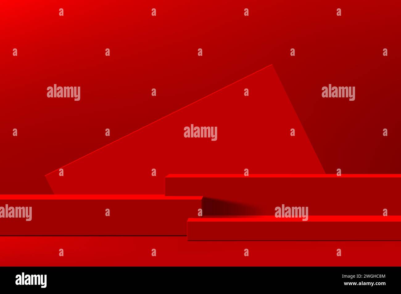 Palco cinese rosso rettangolare. Scena rettangolare vettoriale 3d realistica, risplendente in audaci tonalità scarlatte, che offre una piattaforma straordinaria per presentazioni di grande impatto e spettacoli festivi Illustrazione Vettoriale