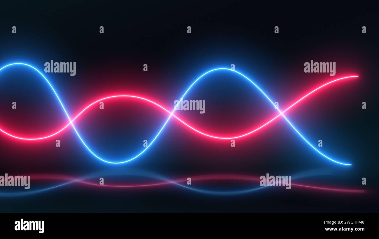 Linee luminose della curva al neon, sfondo astratto della tecnologia Foto Stock