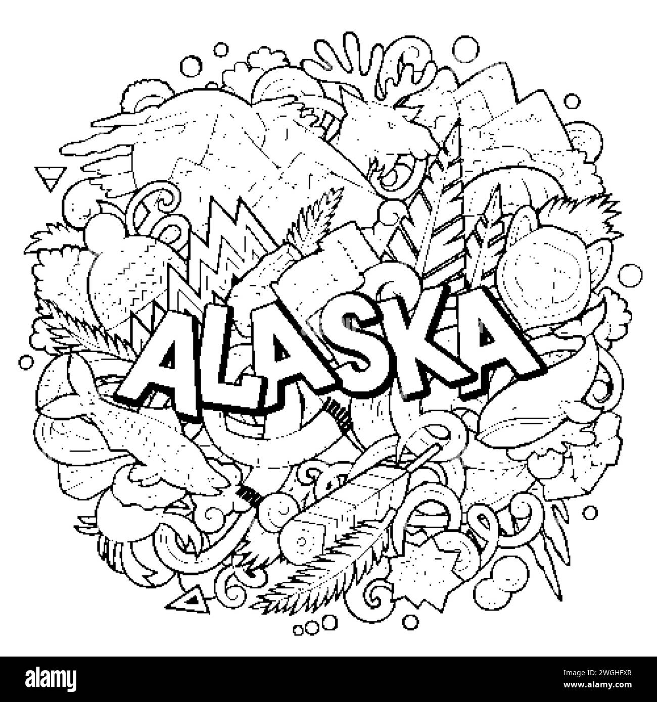Illustrazione a forma di scarabocchio disegnata a mano in Alaska. Divertente design dello stato degli Stati Uniti. Sfondo vettoriale creativo. Testo scritto a mano con elementi e oggetti. LIN Illustrazione Vettoriale