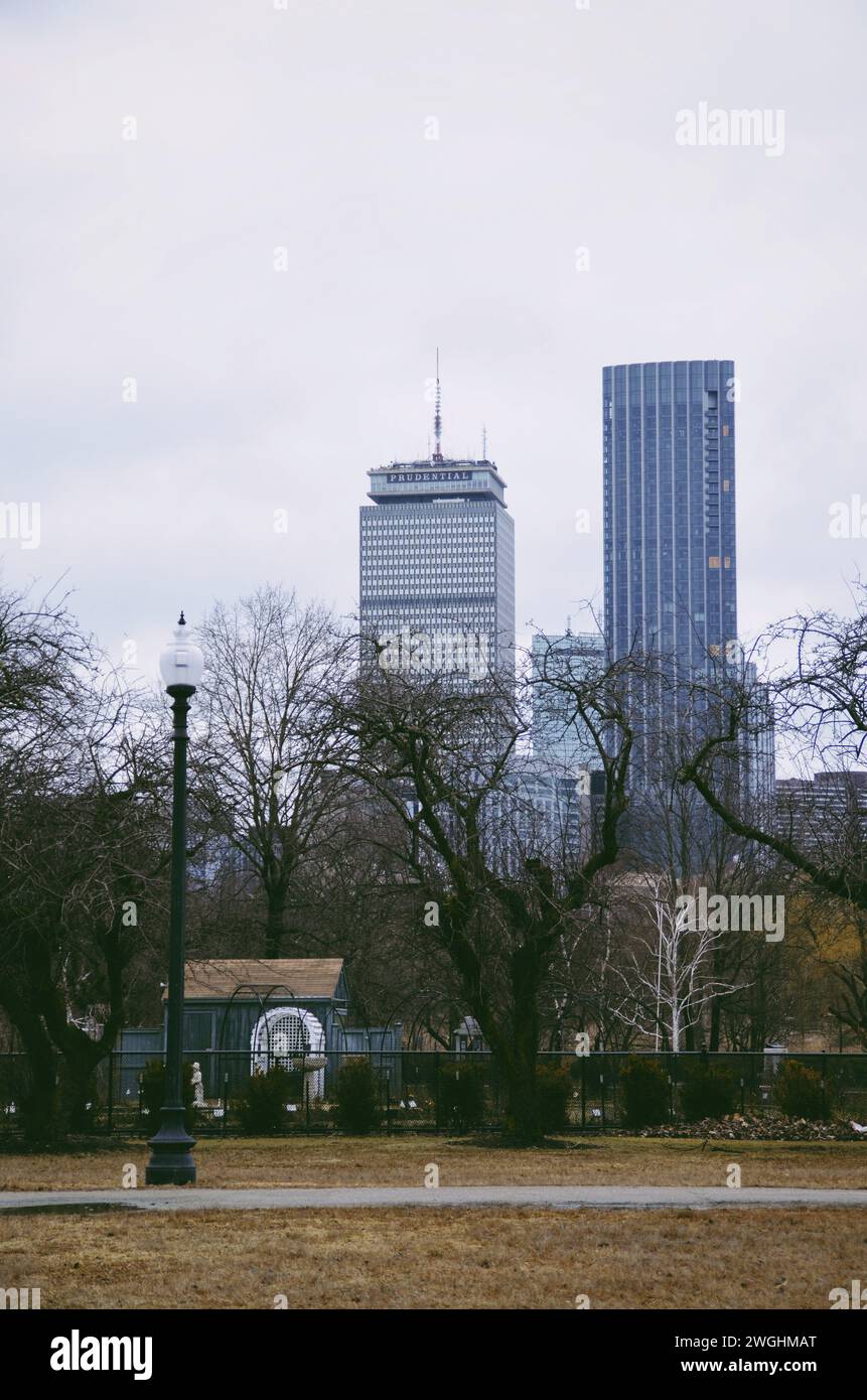 Boston Common Park con grattacieli sullo sfondo a Boston, Stati Uniti, il 12 febbraio 2020 Foto Stock