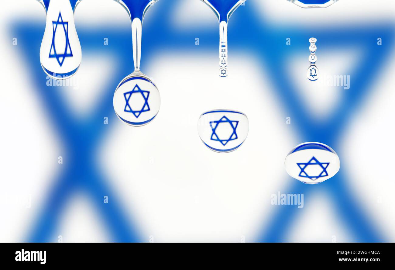 Sequenza di una goccia d'acqua che gocciola fuori, la bandiera di Israele si riflette Foto Stock