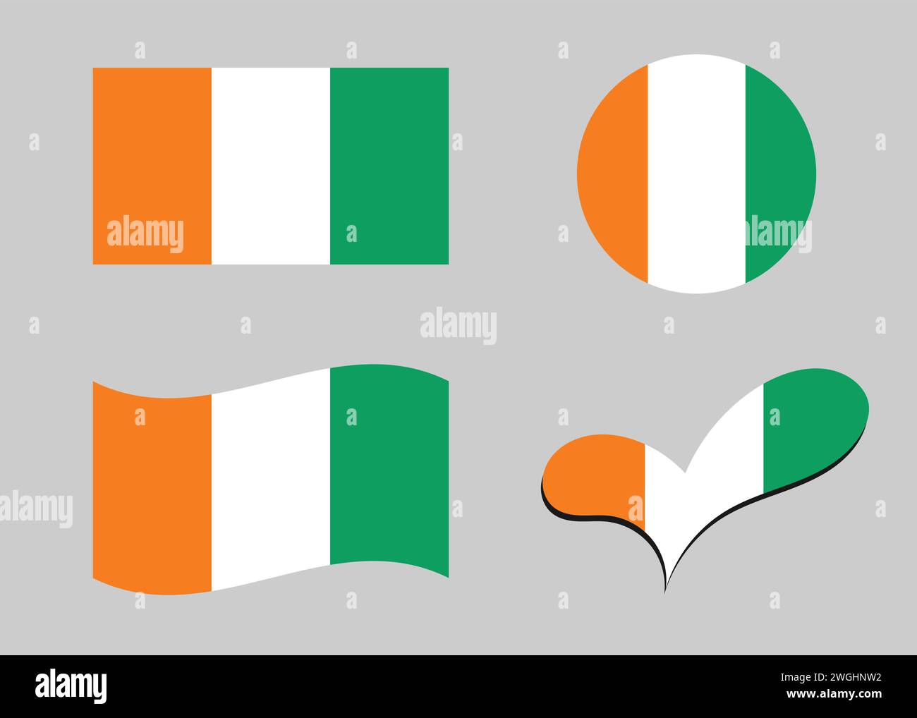 Bandiera della Costa d'Avorio. Bandiera della Costa d'Avorio a forma di cuore. Bandiera della Costa d'Avorio a forma di cerchio. Variazioni della bandiera del paese Illustrazione Vettoriale