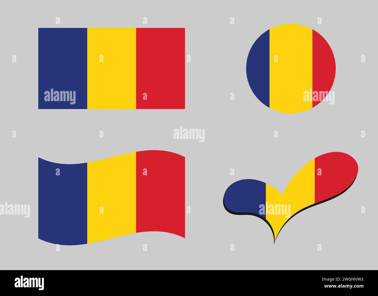 Bandiera della Romania. Bandiera della Romania a forma di cuore. Bandiera della Romania a forma di cerchio. Variazioni della bandiera del paese Illustrazione Vettoriale