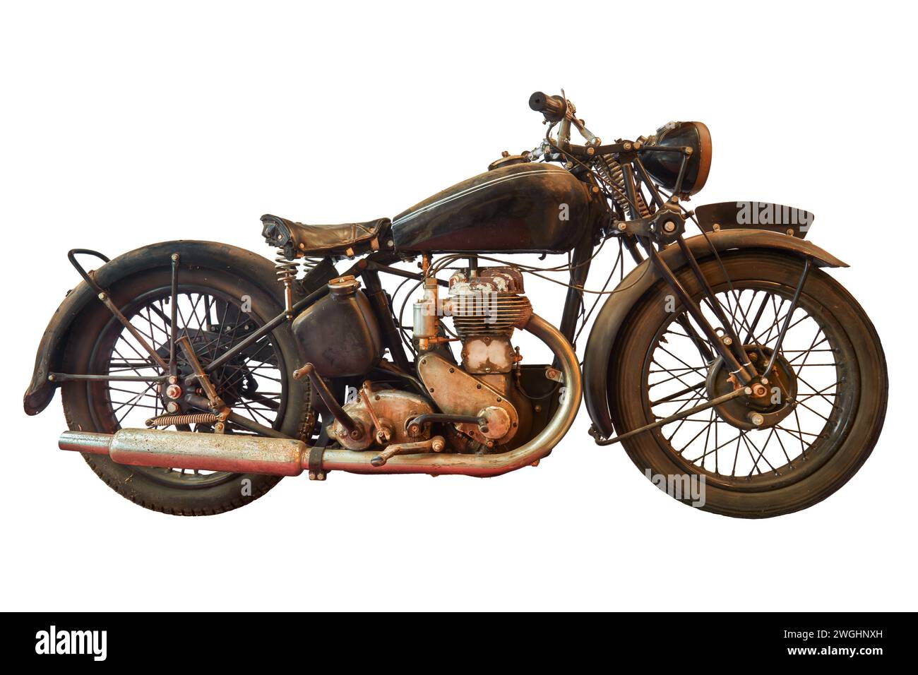 Vista laterale di un'antica motocicletta intemprata Foto Stock