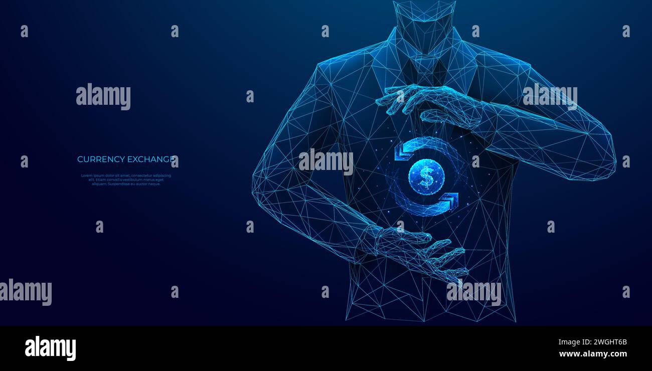 Uomo d'affari astratto che detiene un simbolo di cambio valuta Illustrazione Vettoriale
