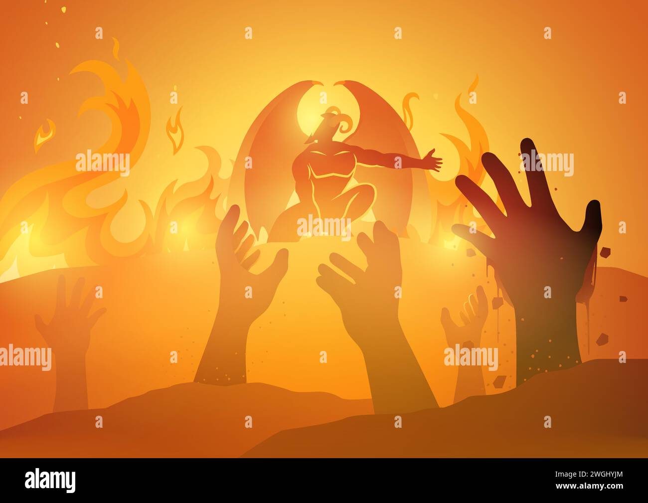 Serie di figure bibliche che raffigurano il diavolo che accoglie le persone all'inferno Illustrazione Vettoriale