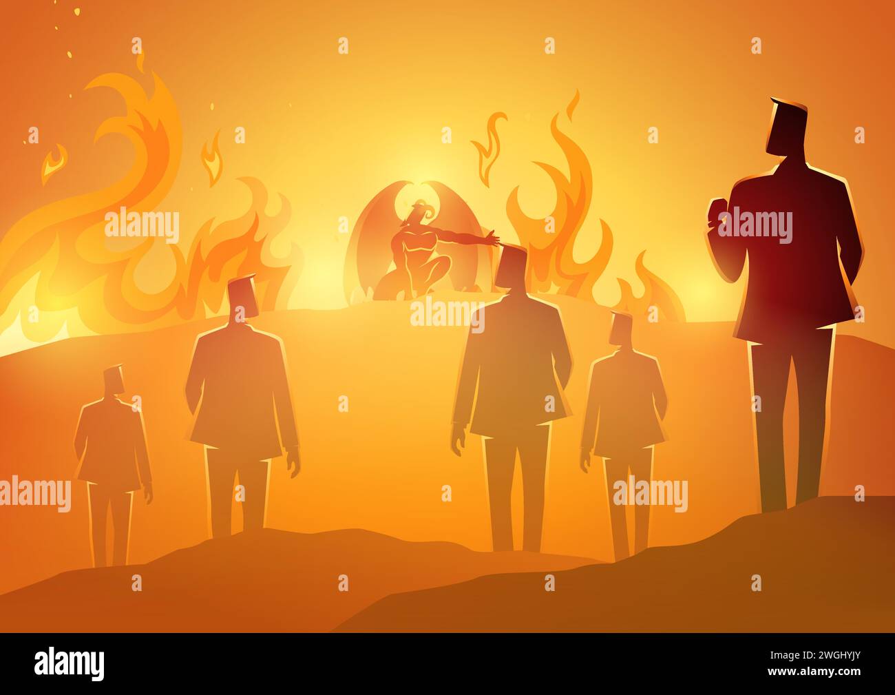 Serie di figure bibliche che raffigurano il diavolo che accoglie le persone all'inferno Illustrazione Vettoriale