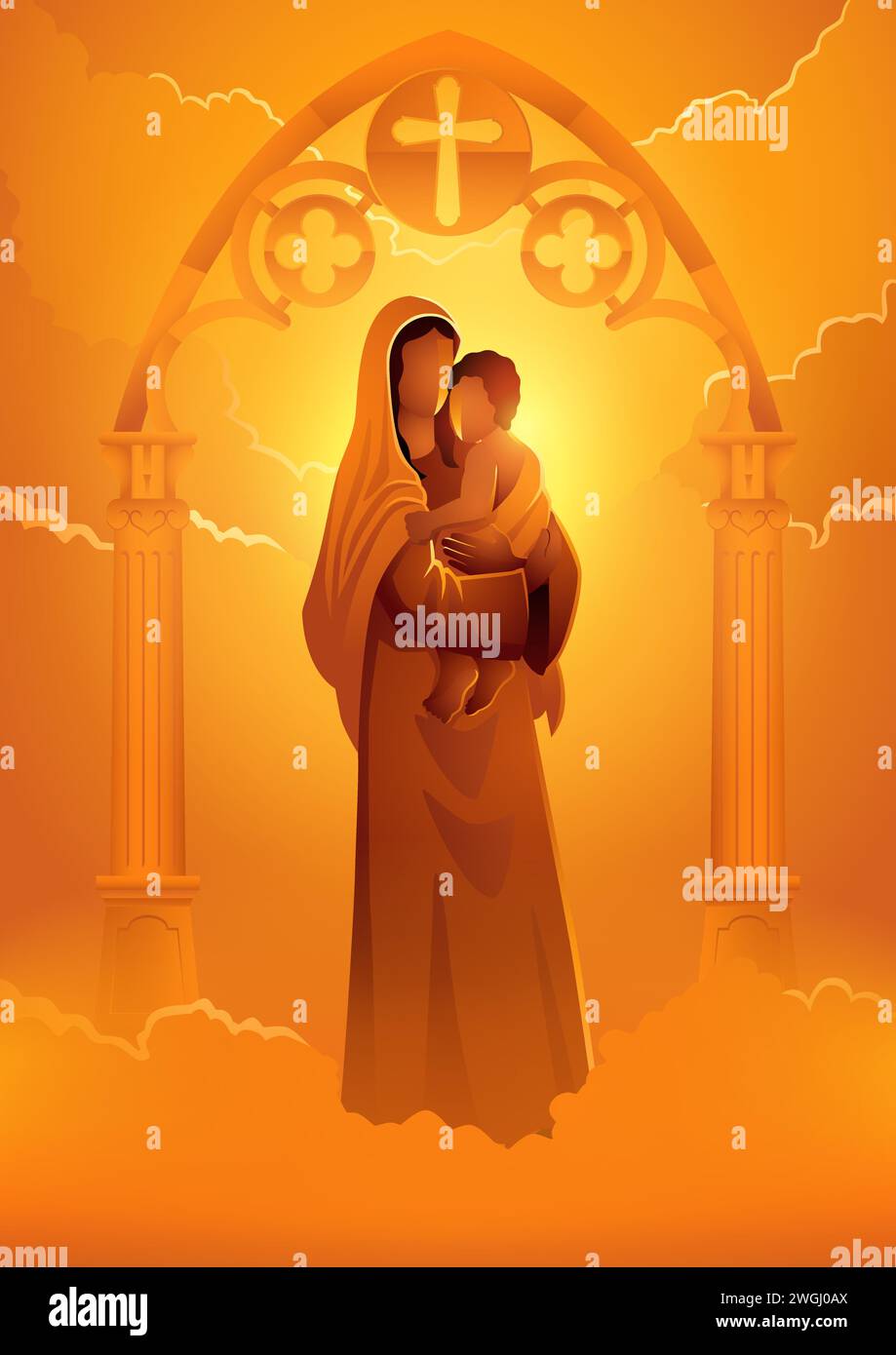 Serie di illustrazioni vettoriali religiose, Vergine Maria e Gesù bambino sulla decorazione gotica della porta Illustrazione Vettoriale