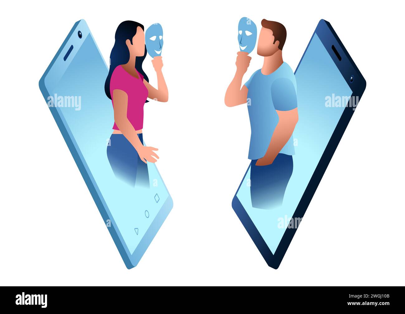 Uomo e donna che parlano tra di loro usando la maschera tramite smartphone, finto sui social media, dissimulazione, finta, concetto di falsità Illustrazione Vettoriale