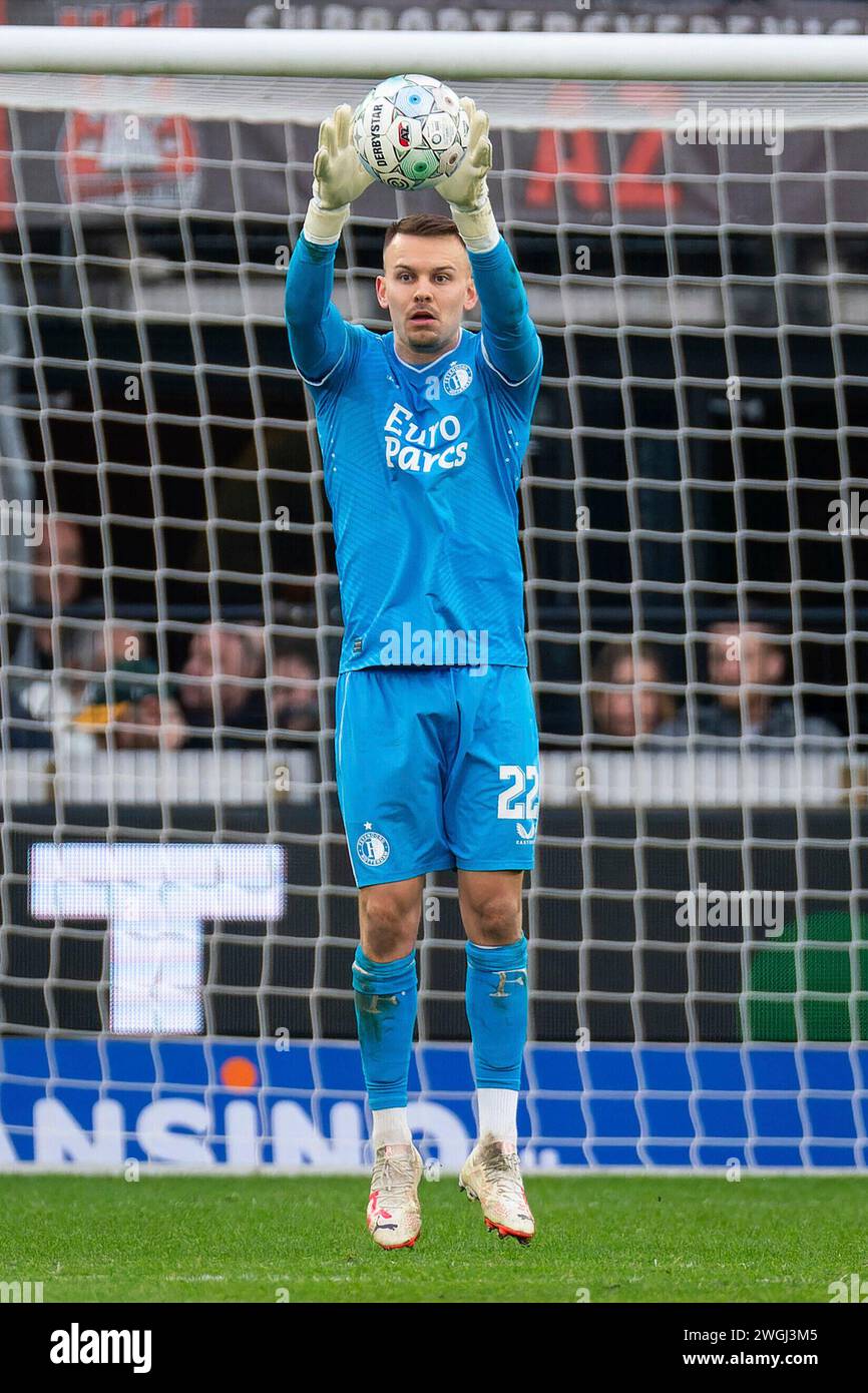 Alkmaar, Paesi Bassi. 4 febbraio 2024. ALKMAAR, PAESI BASSI - 4 FEBBRAIO: Timon Wellenreuther di Feyenoord durante l'incontro olandese Eredivisie tra AZ e Feyenoord all'AFAS Stadion il 4 febbraio 2024 ad Alkmaar, Paesi Bassi. (Foto di Joris Verwijst/Orange Pictures) credito: dpa/Alamy Live News Foto Stock