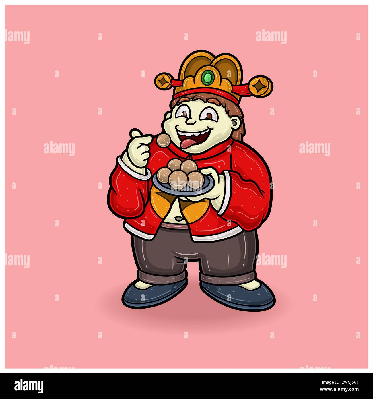 Cartoni animati per il capodanno cinese con Fat Man che mangia caramelle. Illustrazioni vettoriali. Illustrazione Vettoriale