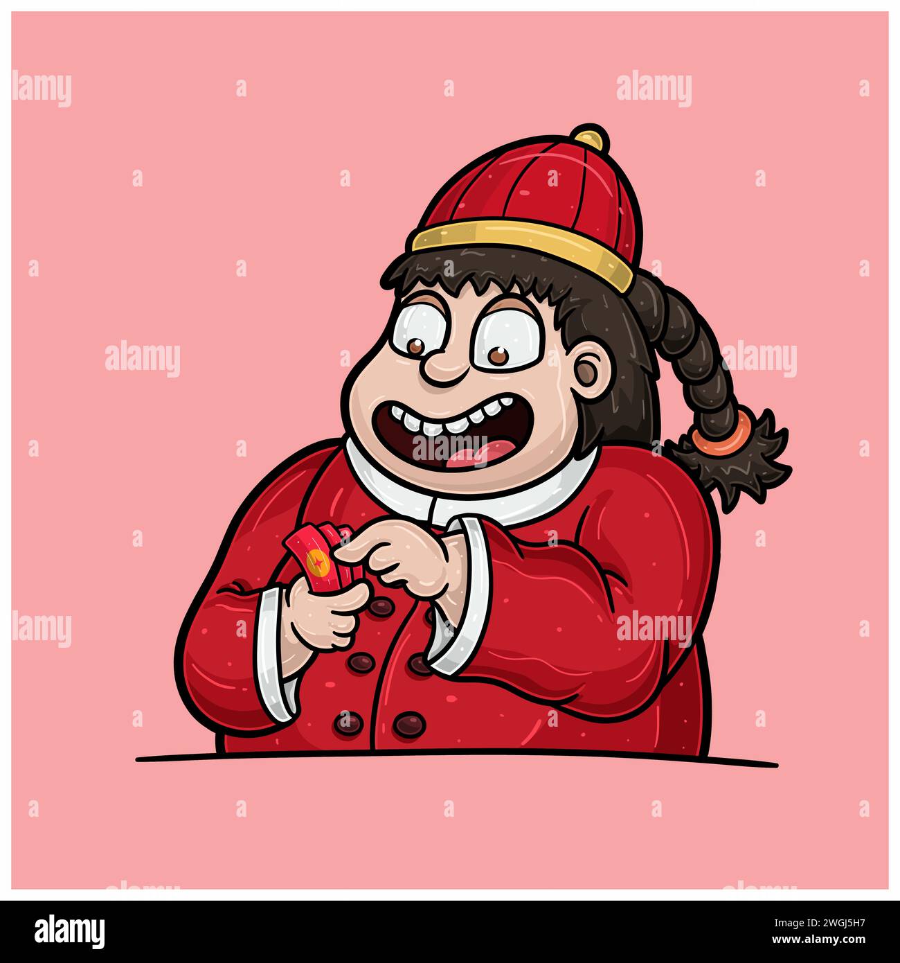 Cartoon of Fat Man Bring Red Envelope per il Capodanno cinese. Illustrazioni vettoriali. Illustrazione Vettoriale