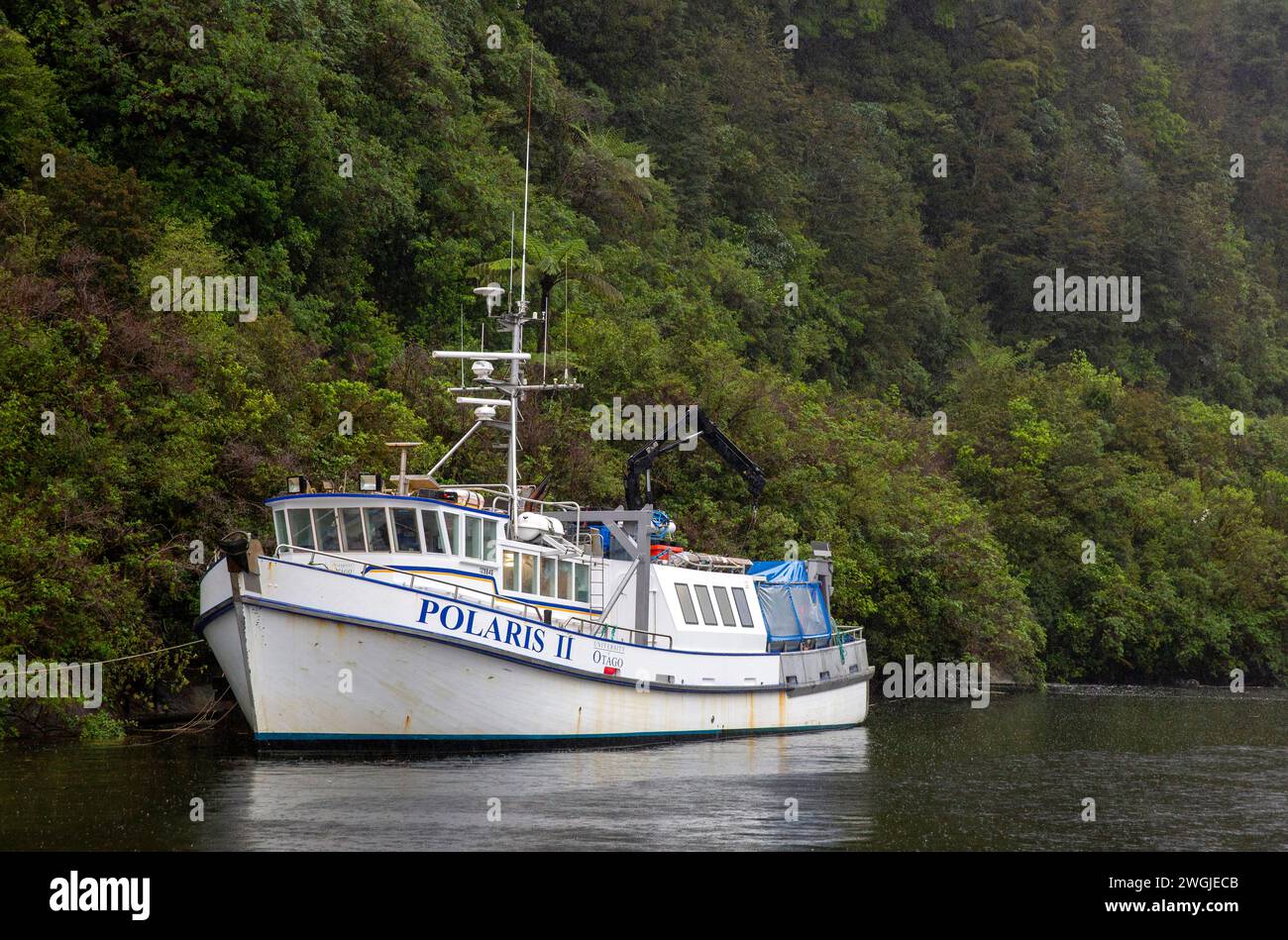 La nave di ricerca scientifica dell'Università di Otago The Polaris II in Doubtful Sound / Patea, Fiordland /te Rua-o-te-Moko, nuova Zelanda / Aotearoa, Sout Foto Stock