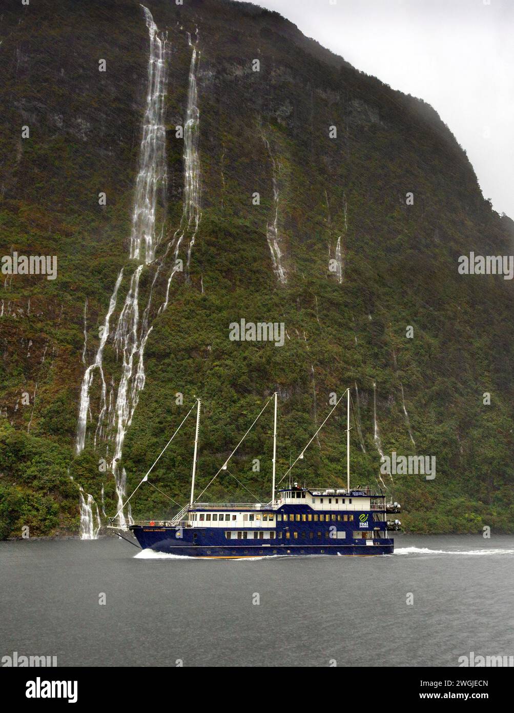 Le cascate e la nave da crociera Fiordland Navigator si aprono in una giornata di pioggia a Doubtful Sound / Patea, Fiordland /te Rua-o-te-Moko, nuova Zelanda / AOT Foto Stock