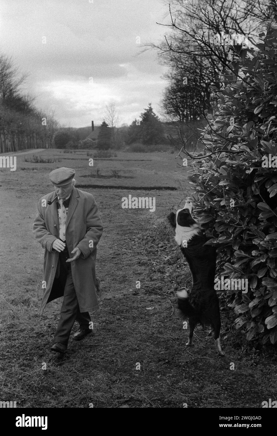 Uomo di Saltaire che porta il suo cane a fare una passeggiata, una persona anziana nella vita di tutti i giorni. Shipley, Bradford West Yorkshire Inghilterra anni '1981 1980 Regno Unito. HOMER SYKES. Foto Stock