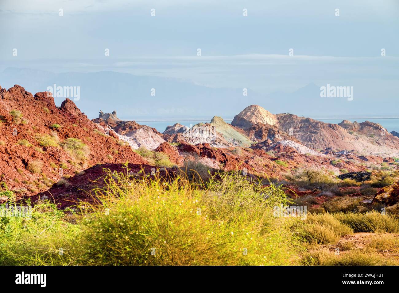 salines montagne. deposine halite. Vegetazione sottile. Origine vulcanica Isola di Ormuz. Foto Stock