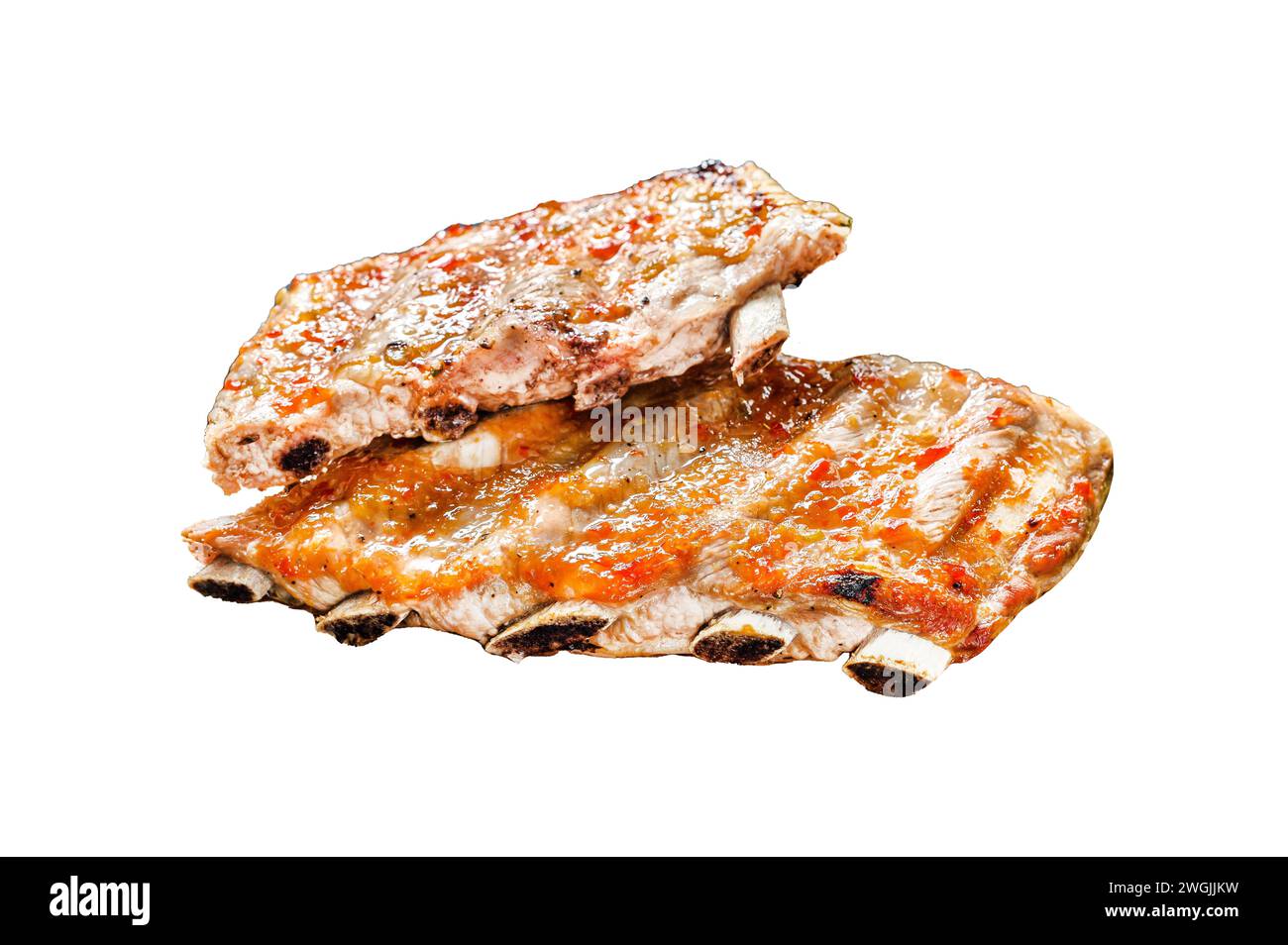 Costolette di maiale grigliate piccanti dal barbecue isolate su sfondo bianco. Vista dall'alto Foto Stock