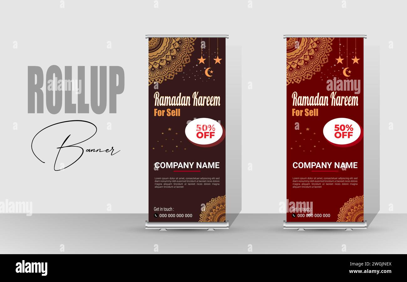 Design di banner Roll Up Happy Ramadan. Striscione speciale Ramadan per il food design. Ramadan Kareem Food Menu - modello pieghevole per la vendita. Illustrazione Vettoriale