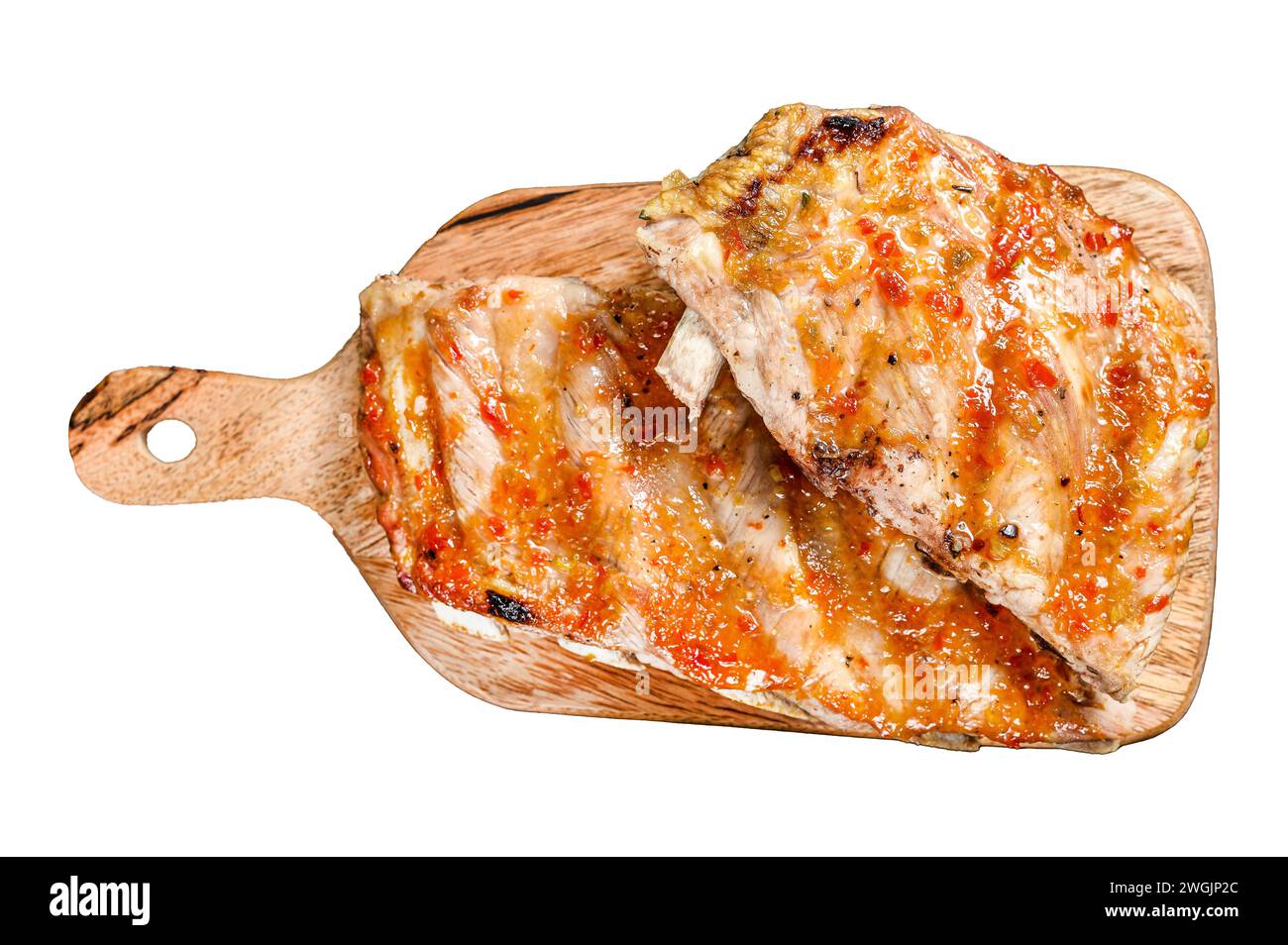 Costolette di peperoncino alla griglia speziate. Isolato su sfondo bianco. Vista dall'alto Foto Stock