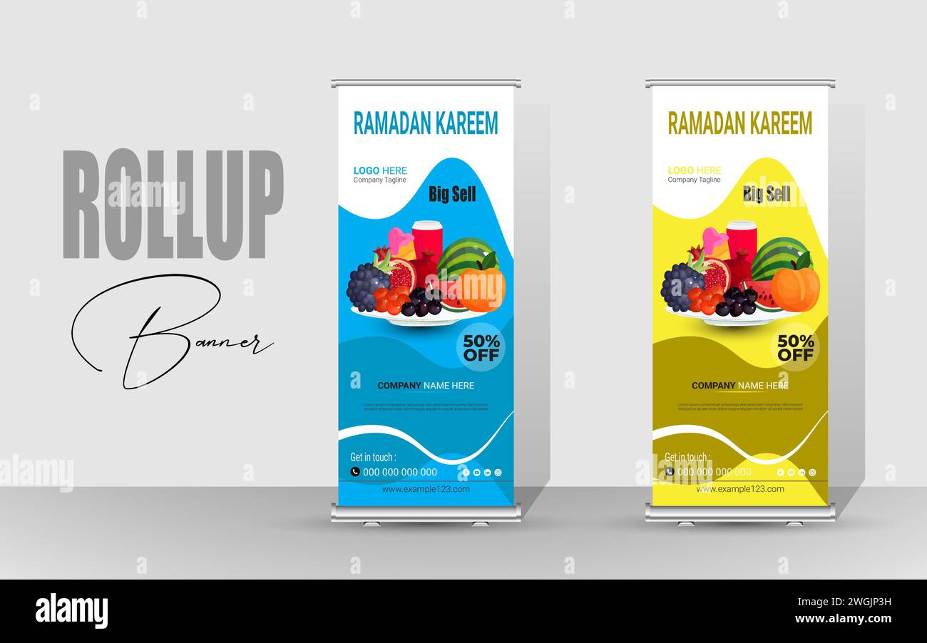 Design di banner Roll Up Happy Ramadan. Striscione speciale Ramadan per il food design. Ramadan Kareem Food Menu - modello pieghevole per la vendita. Illustrazione Vettoriale