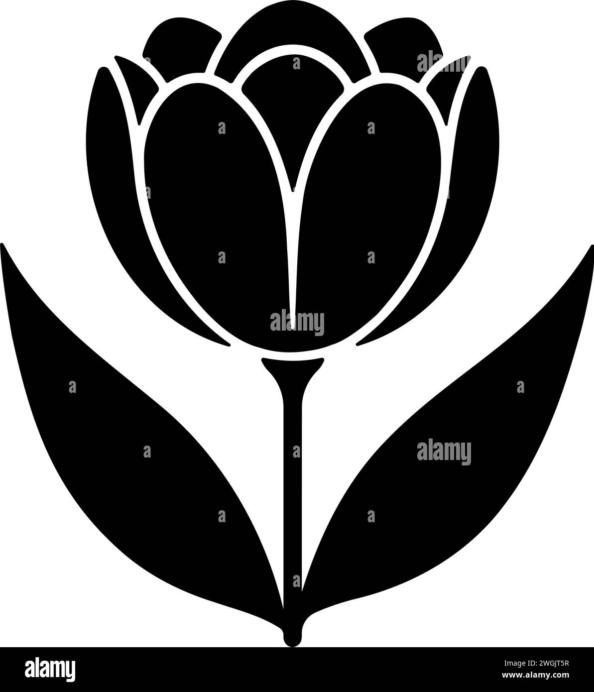 Fiore di tulipani con foglie clip art monocromatica. Illustrazione vettoriale Illustrazione Vettoriale