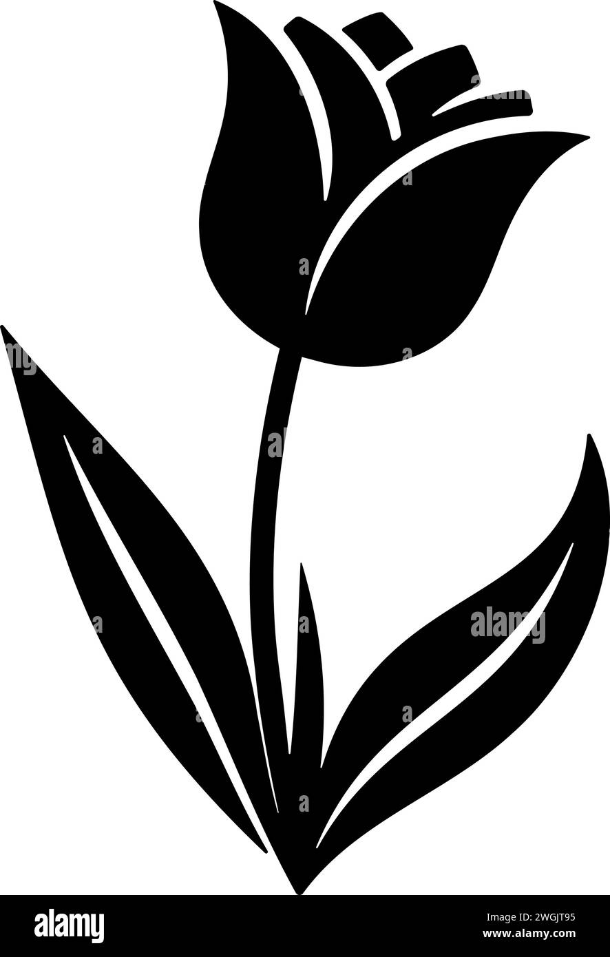 Fiore di tulipani con foglie clip art monocromatica. Illustrazione vettoriale Illustrazione Vettoriale