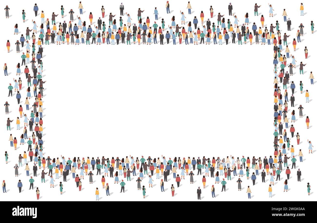 Un gruppo numeroso di persone che si trovano insieme a forma di cornice rettangolare Illustrazione Vettoriale